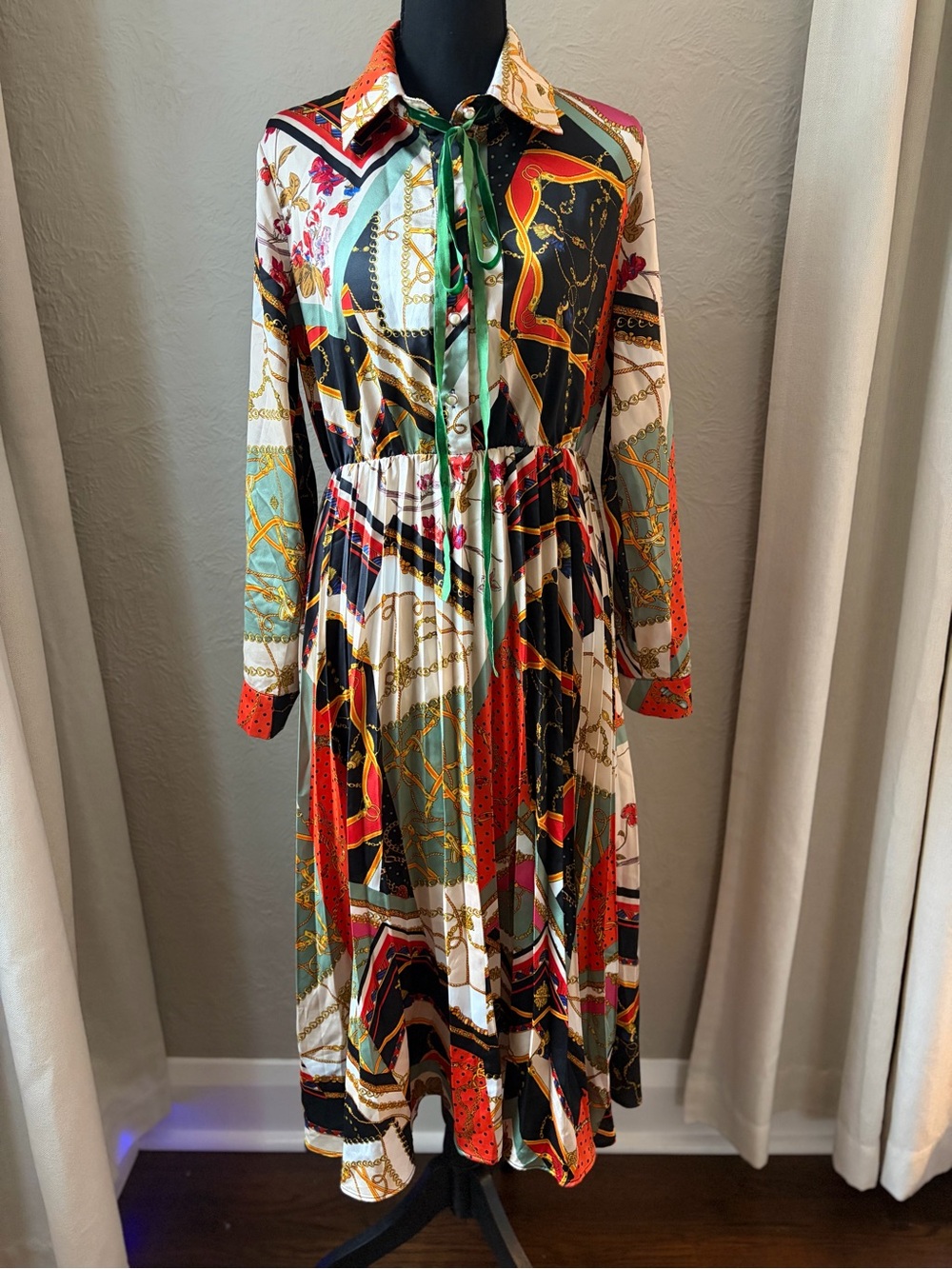 Dalia MacPhee Multicolor Chain-Print Long Sleeve Pleated Dress with Tie Collar